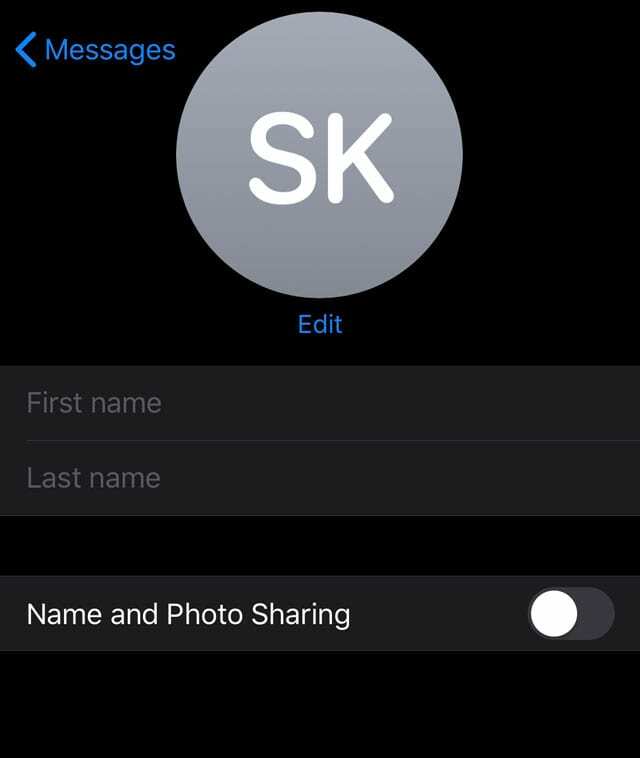 išjunkite programą „Message“ bendrinti jūsų vardą ir nuotrauką