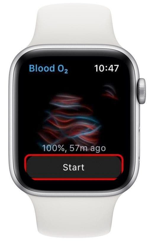 Tik op Start om een ​​meting van het bloedzuurstofniveau op uw Apple Watch te doen