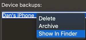Sigurnosne kopije iTunes uređaja Prikaži u opciji Finder.