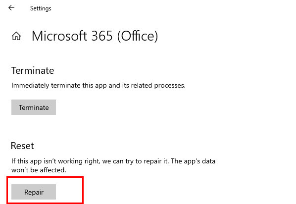 Løs Outlook åbner ikke i sikker tilstand ved at reparere Microsoft Office Windows-appen