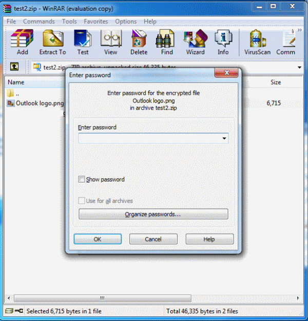 Bildschirm zur Eingabeaufforderung des WinRAR-Passworts
