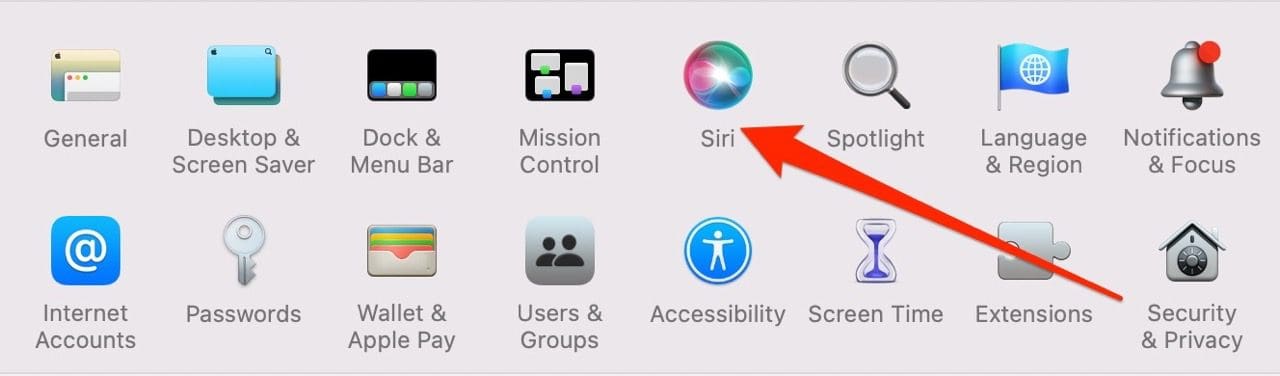 لقطة شاشة تعرض أيقونة Siri في Mac ضمن تفضيلات النظام