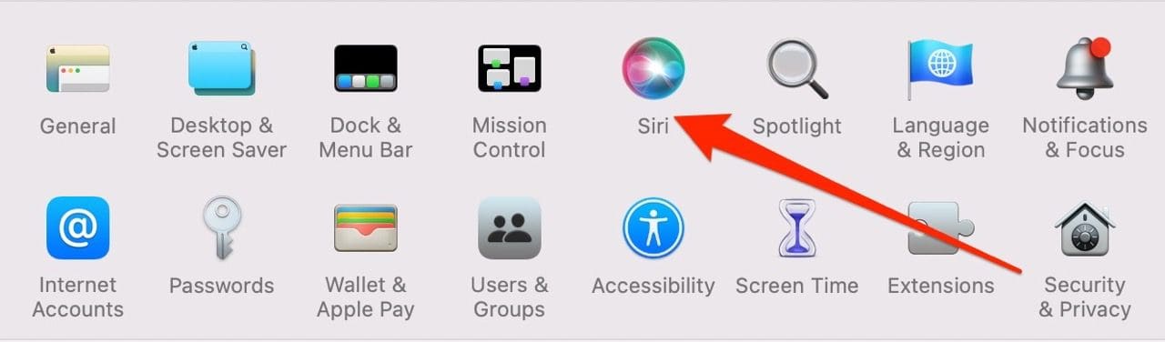 Mac'te Sistem Tercihleri ​​altında Siri simgesini gösteren ekran görüntüsü