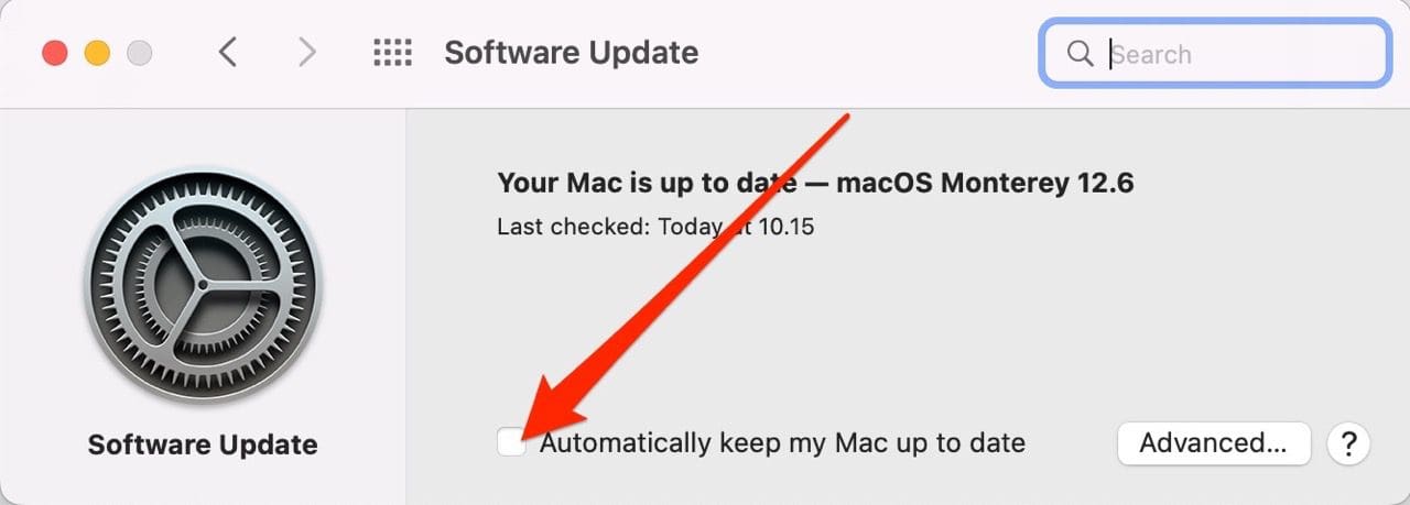 snímek obrazovky zobrazující krabici aktualizace softwaru na systémech Macos