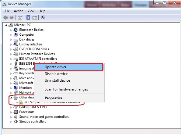 Opdater PCI Device Driver fra Device Manager