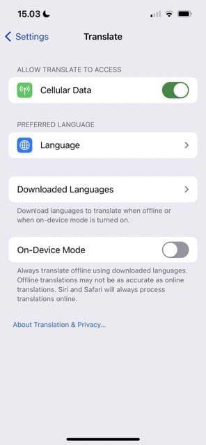 знімок екрана, на якому показано, як завантажити нові мови в програмі Apple Translate