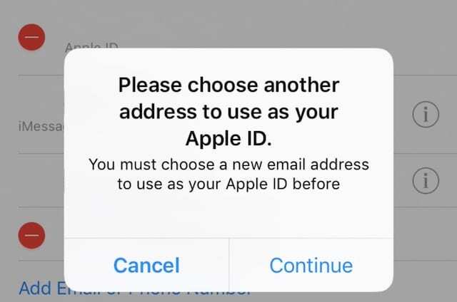 Pasirinkite kitą adresą Apple ID iššokančiam langui