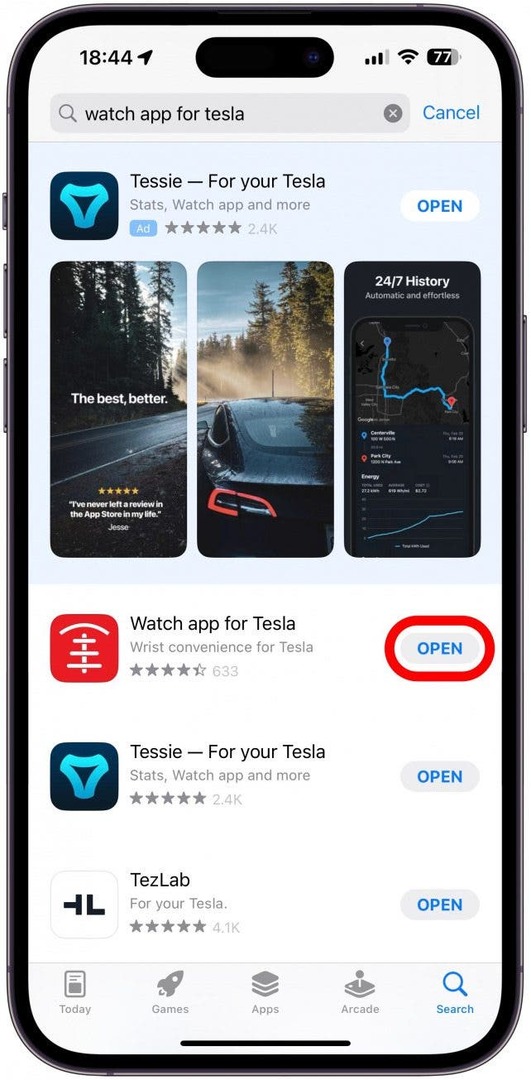 iPhone의 App Store에서 Tesla용 Watch 앱을 다운로드하고 엽니다.
