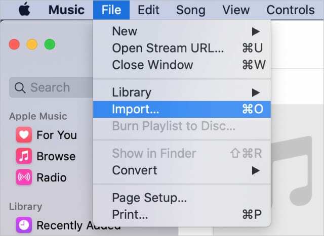 Importuokite meniu juostos parinktį iš muzikos programos MacOS Catalina