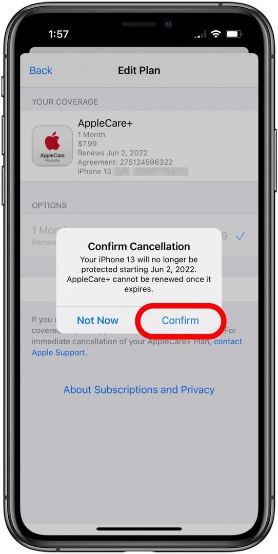 AppleCare+ Confirmer le message d'annulation avec Confirmer marqué.