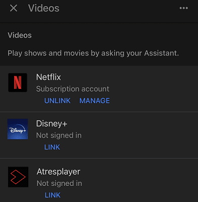 Servizi di streaming collegati alle app di Google Home