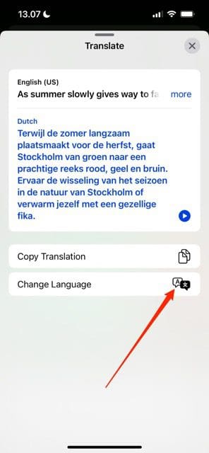 Captura de tela mostrando como alterar a tradução no iOS