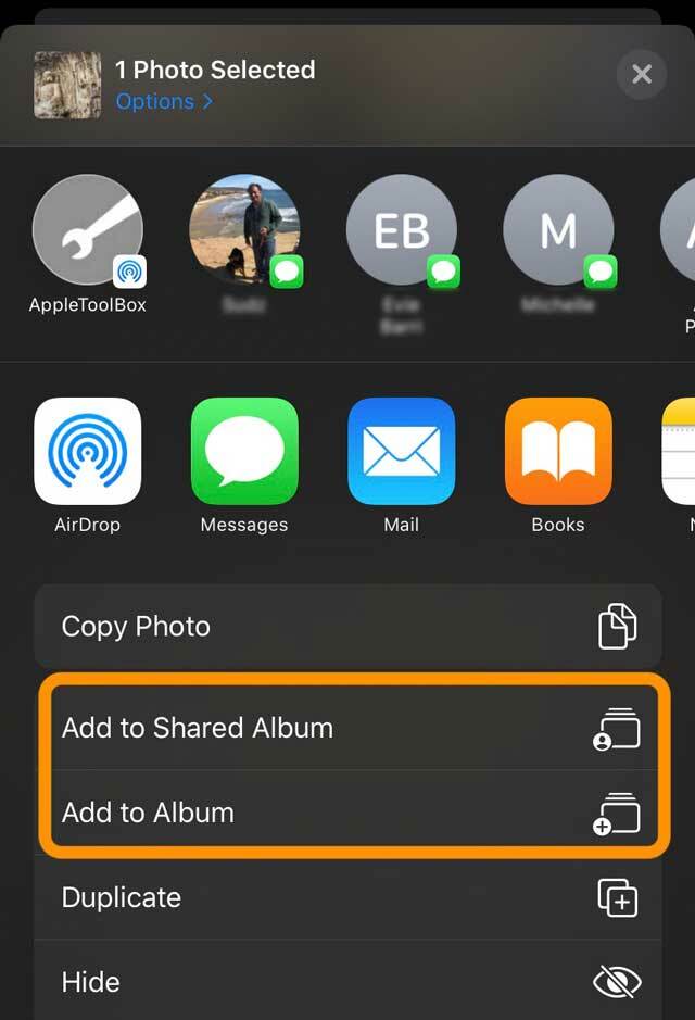 تطبيق Share sheet Photos إضافة صورة إلى ألبوم أو إضافة صورة إلى ألبوم مشترك