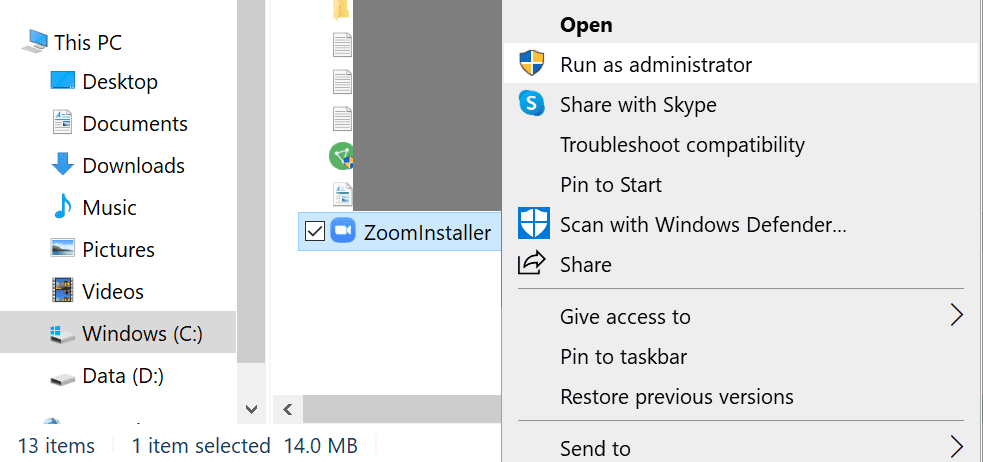 rulați Zoom installer admin