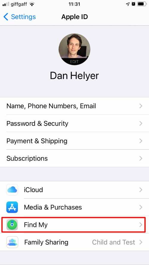 Apple ID პარამეტრები iPhone-ზე ხაზს უსვამს Find My ოფციას