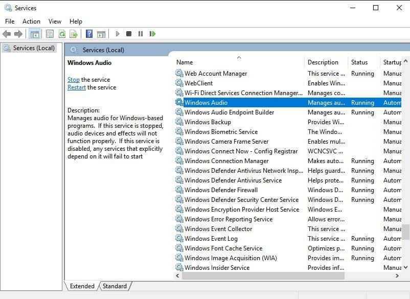Naviger i Windows Audio i vist liste