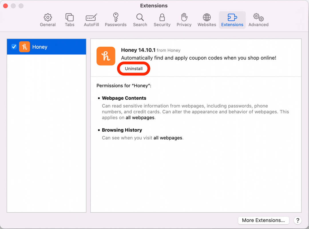 Si vous ne souhaitez plus jamais utiliser une extension, cliquez sur Désinstaller pour la supprimer entièrement de Safari.