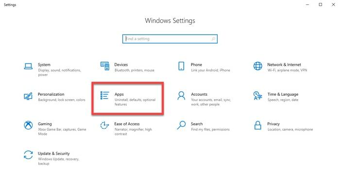 Selectați Aplicații în Setări Windows