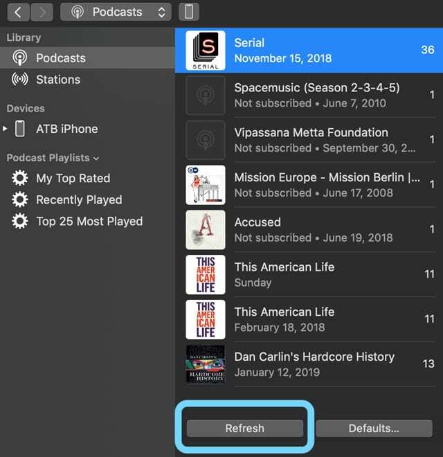 actualisez votre liste de podcasts dans iTunes