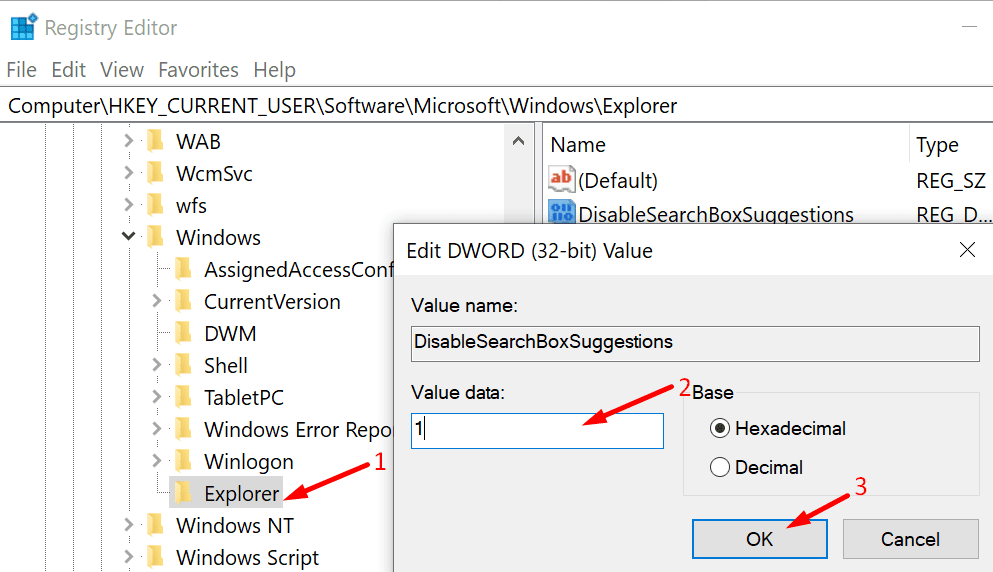 poista hakukentän ehdotukset käytöstä Windows 10