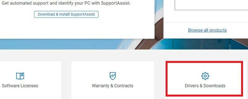 Изберете Драйвери и изтегляния за изтегляне на драйвери на Dell