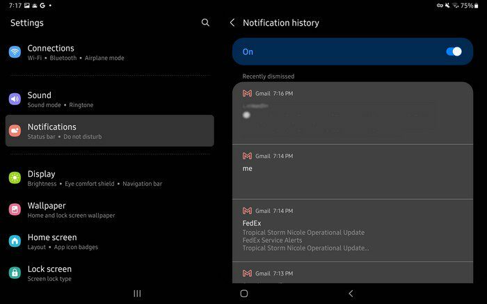 Historial de notificaciones tableta Android