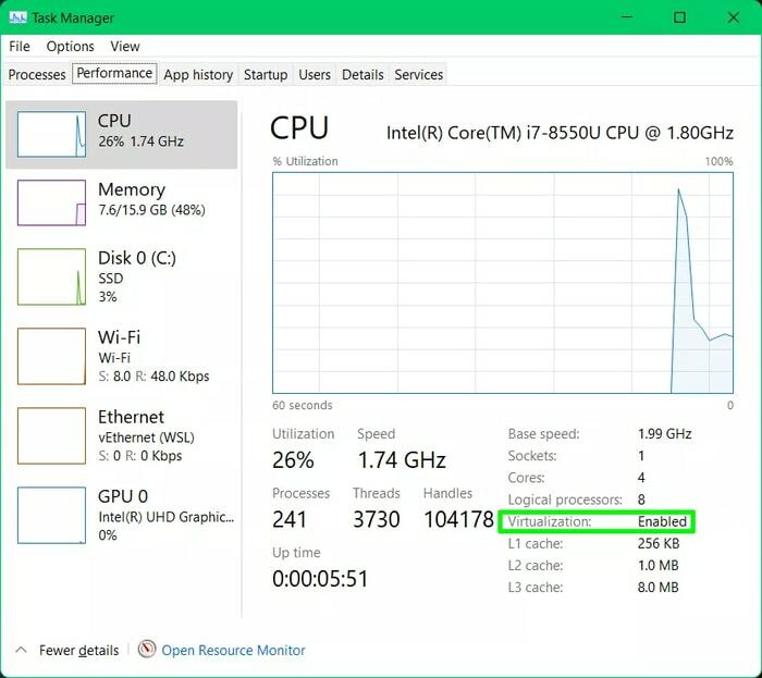 Virtualisierung ist im Task-Manager aktiviert