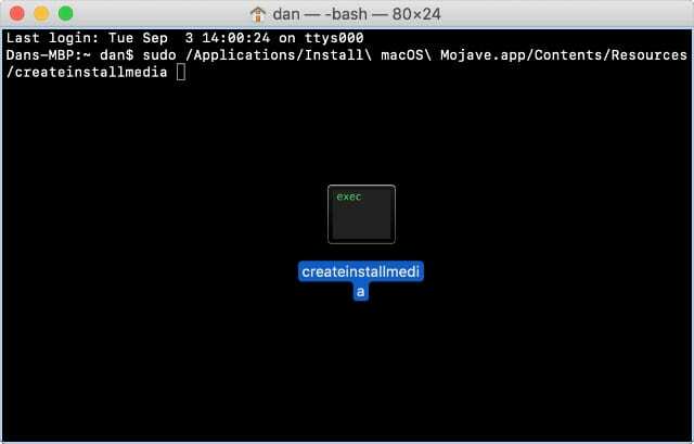 Terminal povleci in spusti datoteko createinstallmedia