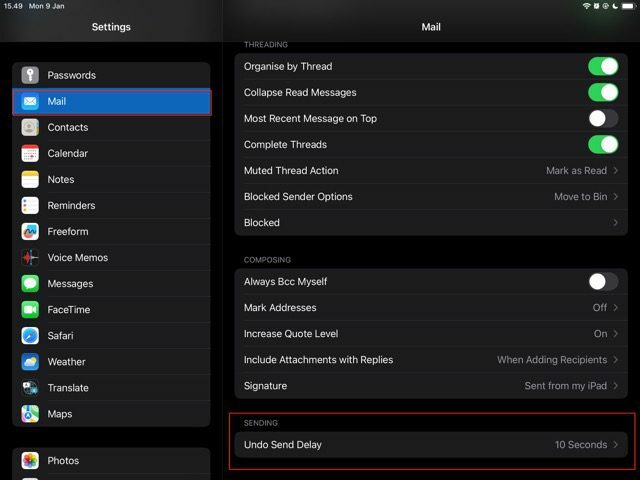 Captura de pantalla que muestra cómo acceder a la aplicación de correo en la configuración del iPad