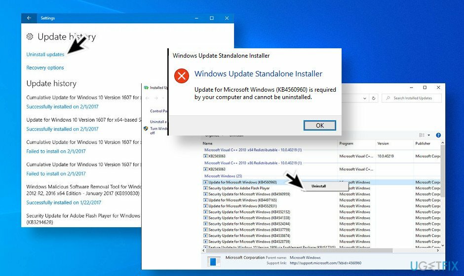 Chyba při odinstalaci aktualizace systému Windows 10
