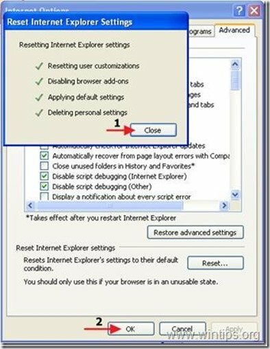 Internet Explorer reset kilépés