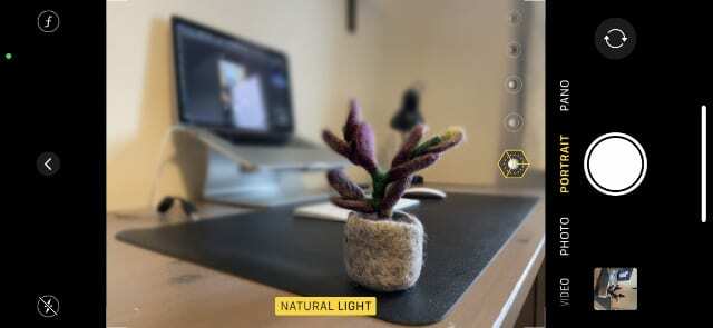 Fotocamera iPhone in modalità Ritratto con testo effetto luce gialla