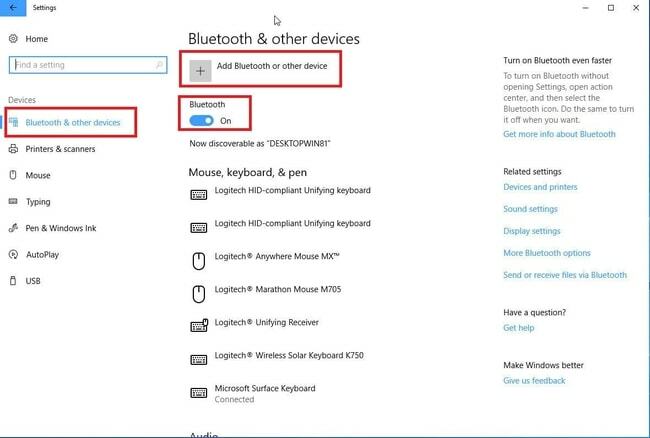 изберете опцията Добавяне на Bluetooth или друго устройство