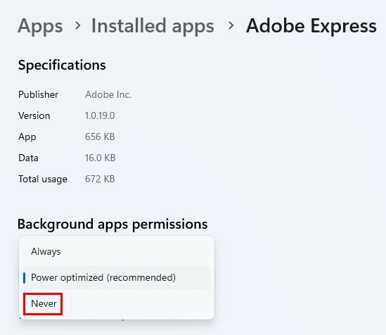 Permitir que las aplicaciones se ejecuten en segundo plano Opción Nunca en Windows 11