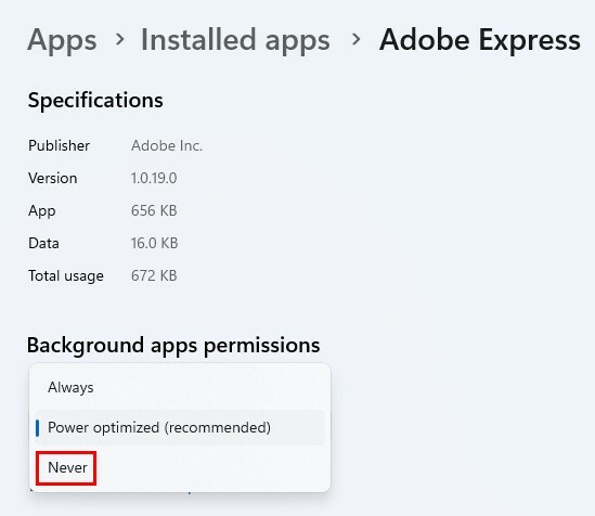 Permitir que os aplicativos sejam executados em segundo plano Nunca opção no Windows 11