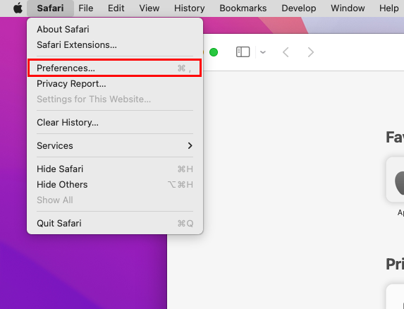 Nabídka předvoleb Safari na panelu nástrojů Mac