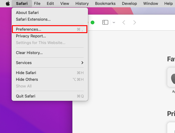 Meni Safari Preferences v orodni vrstici Mac