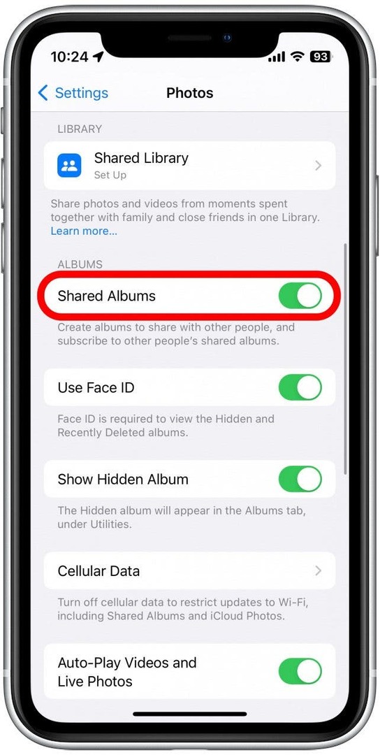 Stellen Sie sicher, dass der Schalter neben „Geteilte Alben“ grün ist, was anzeigt, dass er aktiviert ist.