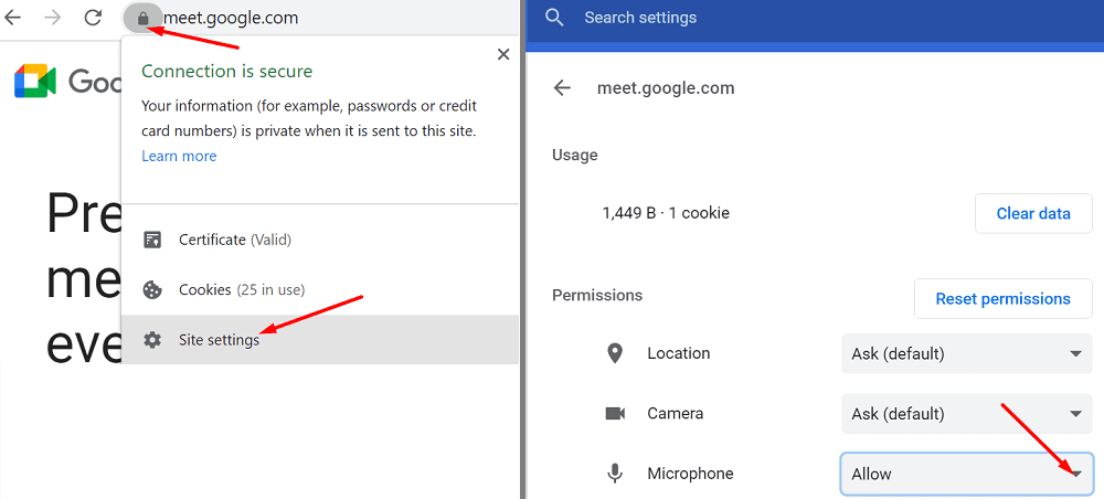 Google Meet consente al sito di utilizzare il microfono