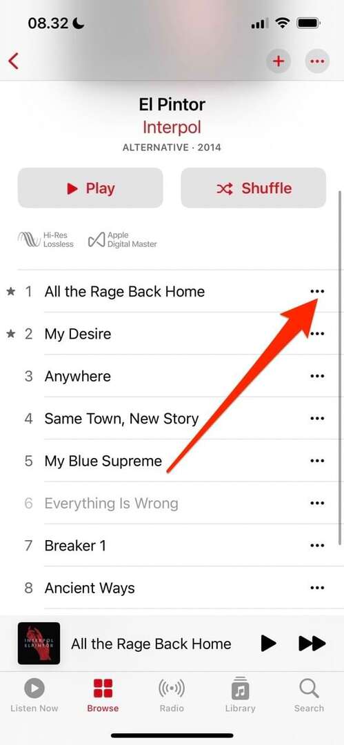 Apple Music에서 노래를 다운로드하라는 메뉴 프롬프트를 보여 주는 스크린샷