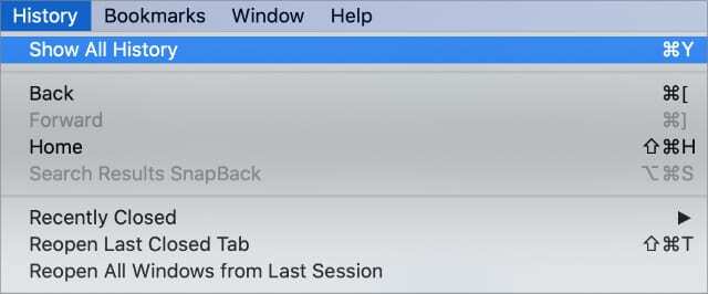 Mac Safari 메뉴 막대에서 모든 기록 보기 옵션