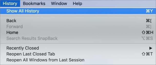 Toon alle geschiedenis optie van Mac Safari menubalk