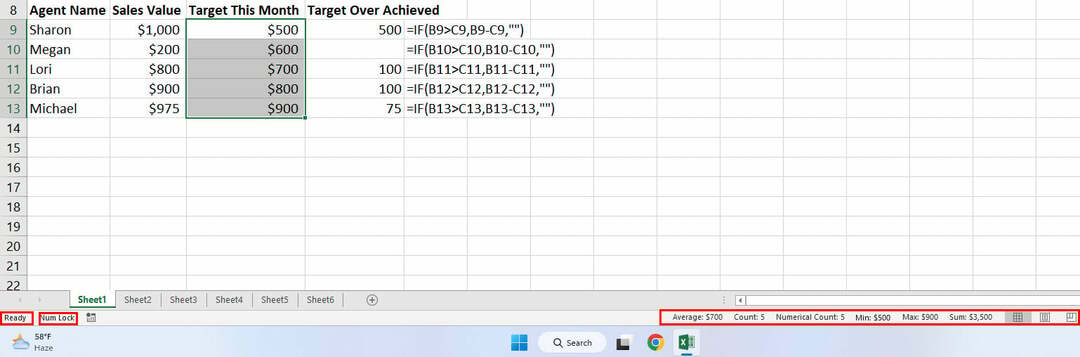 주석이 달린 Excel 상태 표시줄