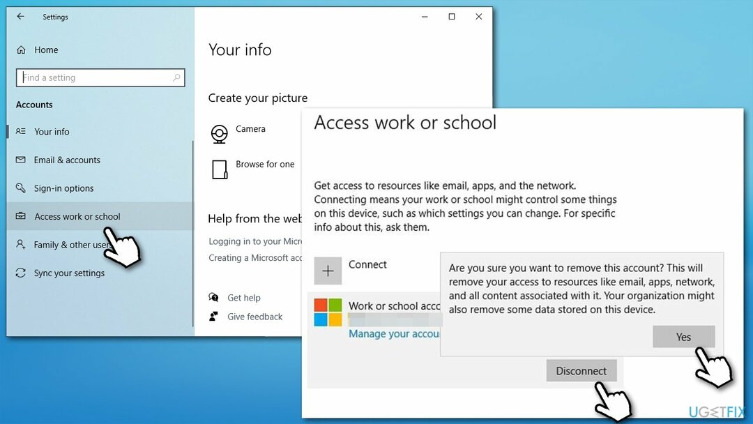 ยกเลิกการเชื่อมต่อบัญชี Microsoft ผ่านส่วนโรงเรียนหรือที่ทำงาน
