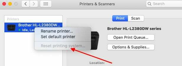 Iš naujo nustatykite AirPrint sistemą iš „Mac“.