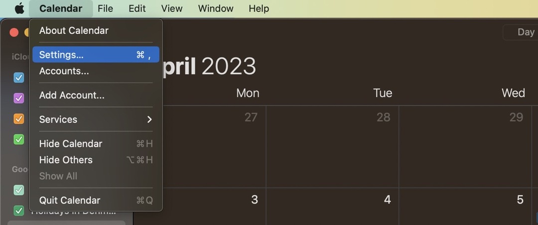 Kalendoriaus prieigos „Mac“ nustatymų ekrano kopija