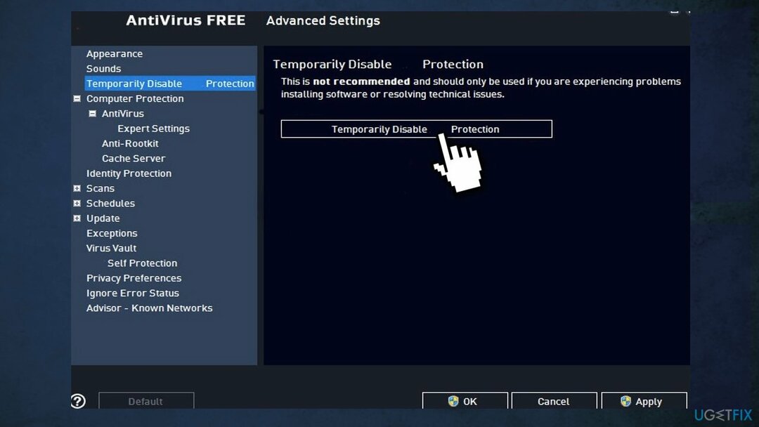 Disabilita il software antivirus di terze parti