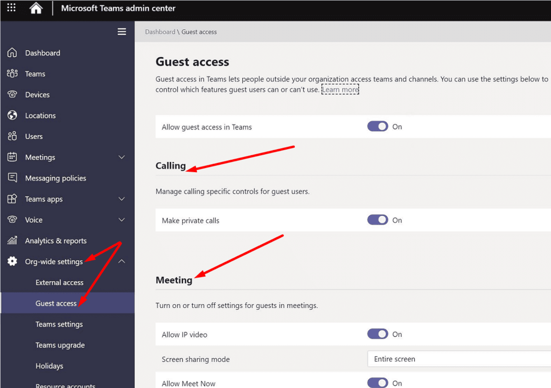 ustawienia dostępu do zgadywania w centrum administracyjnym Microsoft Teams