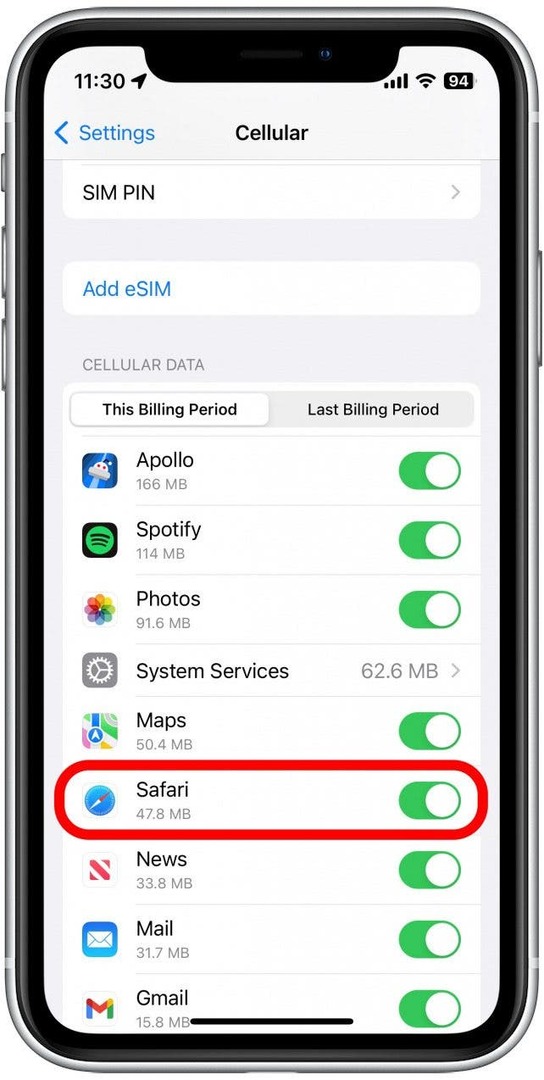 Pokud je přepínač šedý, znamená to, že mobilní data jsou pro Safari zakázána. Klepnutím na něj jej zapnete.