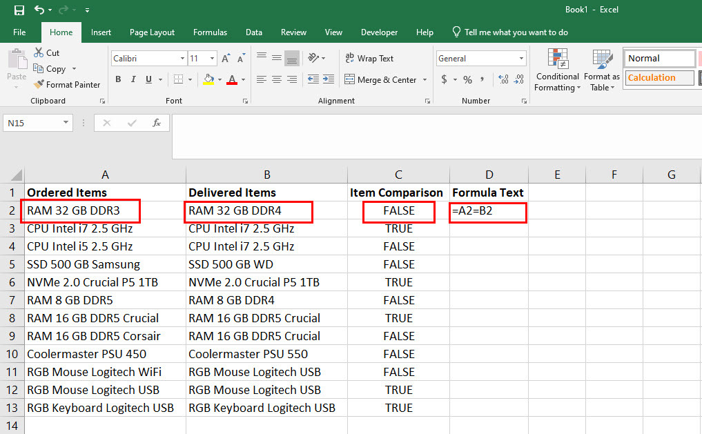 等号演算子を使用して Excel でテキストを比較する